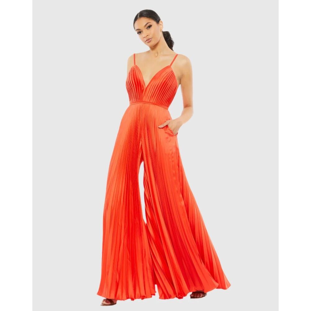 Mac Duggal Pleated Plunge Neck Wide Neck in Tangerine Size 10
